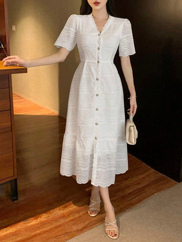 DAZY Women's Summer V-Neck Embroidered Hollow Out Button Front Dress