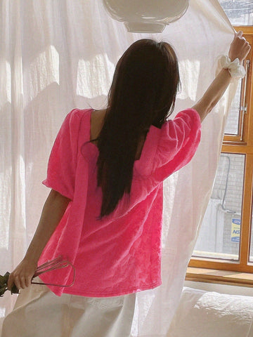 DAZY Women's Textured Fabric Puff Sleeve Square Collar Blouse, Fuchsia