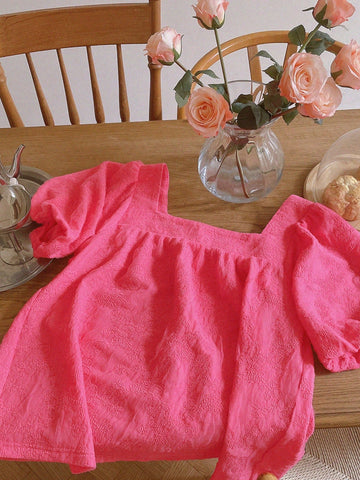 DAZY Women's Textured Fabric Puff Sleeve Square Collar Blouse, Fuchsia