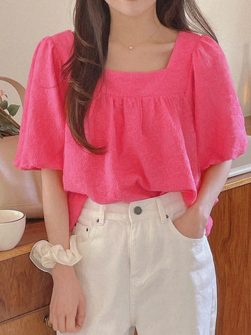 DAZY Women's Textured Fabric Puff Sleeve Square Collar Blouse, Fuchsia