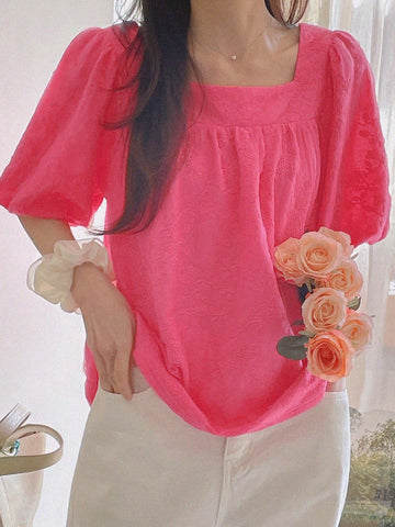 DAZY Women's Textured Fabric Puff Sleeve Square Collar Blouse, Fuchsia