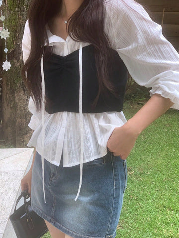 DAZY Women's Textured Fabric Tie Front Crop Shirt