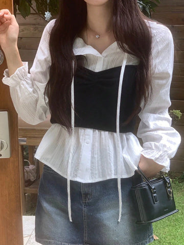 DAZY Women's Textured Fabric Tie Front Crop Shirt