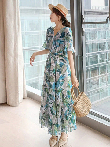 DAZY Women's Tropical Plant Printed Ruffle Short Sleeve Maxi Dress