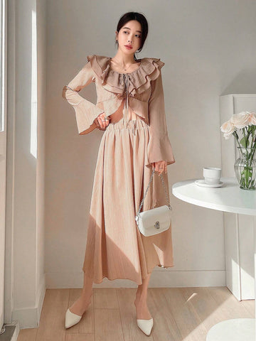 DAZY Women's Two Pieces Set, V-Neck Ruffle Trim Tie Front Blouse With Ruffle Hem Midi Skirt