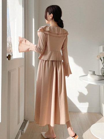 DAZY Women's Two Pieces Set, V-Neck Ruffle Trim Tie Front Blouse With Ruffle Hem Midi Skirt