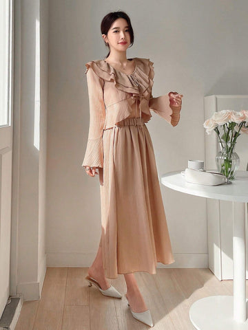 DAZY Women's Two Pieces Set, V-Neck Ruffle Trim Tie Front Blouse With Ruffle Hem Midi Skirt