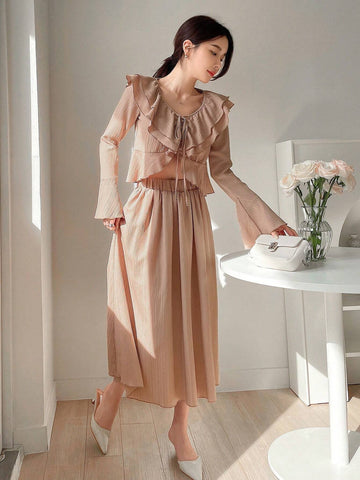 DAZY Women's Two Pieces Set, V-Neck Ruffle Trim Tie Front Blouse With Ruffle Hem Midi Skirt