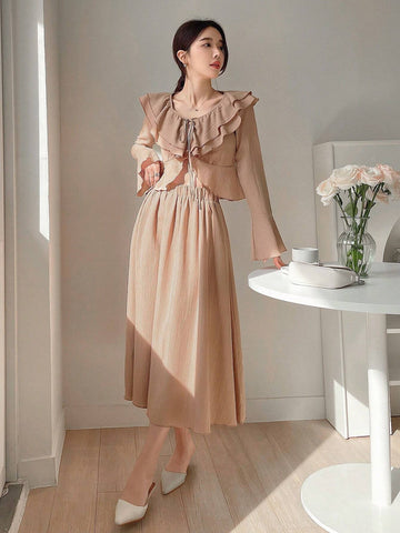 DAZY Women's Two Pieces Set, V-Neck Ruffle Trim Tie Front Blouse With Ruffle Hem Midi Skirt