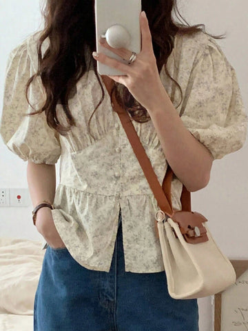 DAZY Women's V-Neck Ditsy Floral Elegant Shirt