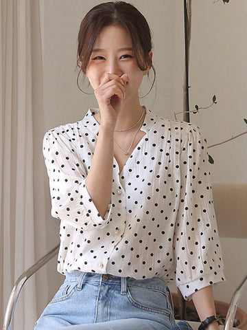 DAZY Women's V-Neck Polka Dot Printed Elegant Casual Blouse