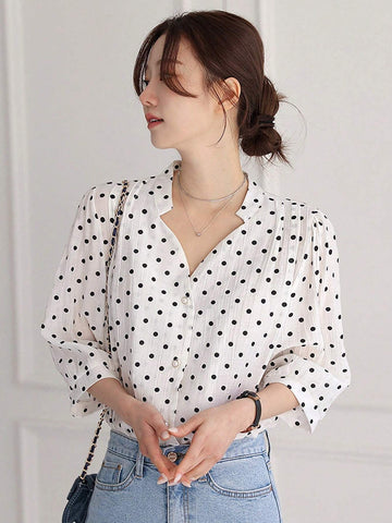 DAZY Women's V-Neck Polka Dot Printed Elegant Casual Blouse