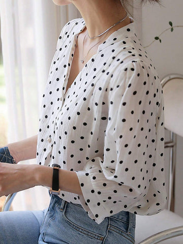 DAZY Women's V-Neck Polka Dot Printed Elegant Casual Blouse