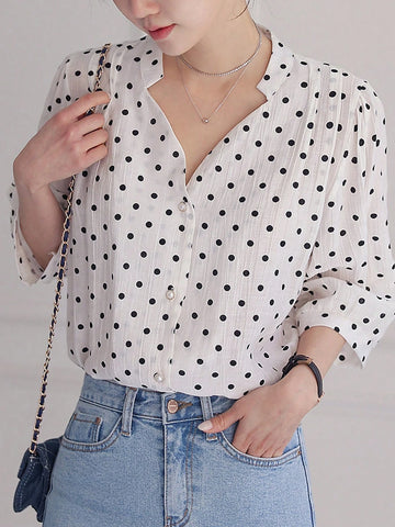 DAZY Women's V-Neck Polka Dot Printed Elegant Casual Blouse