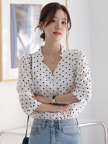 DAZY Women's V-Neck Polka Dot Printed Elegant Casual Blouse