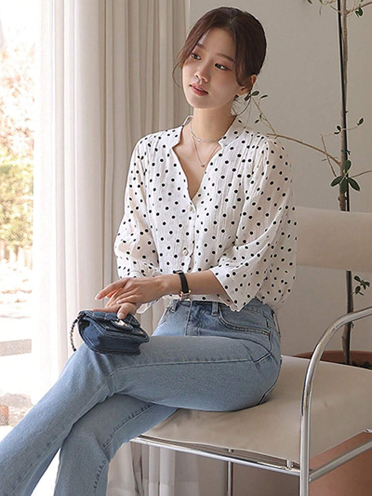 DAZY Women's V-Neck Polka Dot Printed Elegant Casual Blouse