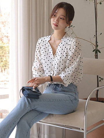 DAZY Women's V-Neck Polka Dot Printed Elegant Casual Blouse