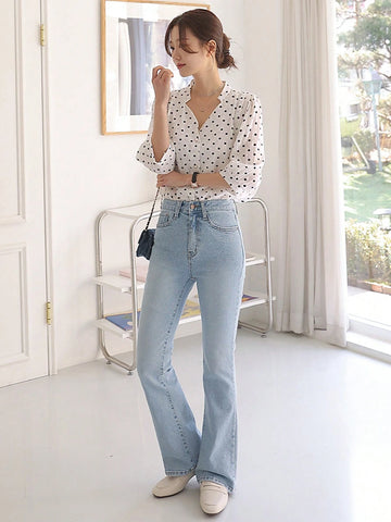 DAZY Women's V-Neck Polka Dot Printed Elegant Casual Blouse