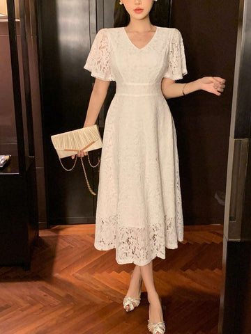DAZY Women's V-Neck Short Sleeve Lace Dress