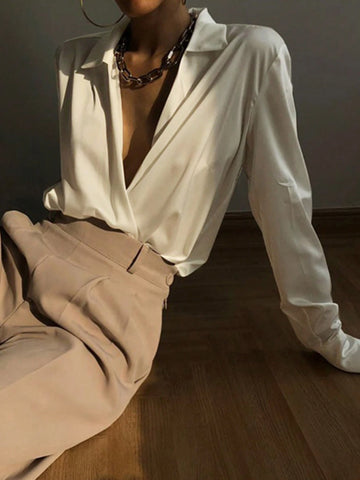 DAZY Women's V-Neck Solid Color Long Sleeve Casual Minimalist Shirt, Everyday Wear