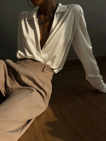 DAZY Women's V-Neck Solid Color Long Sleeve Casual Minimalist Shirt, Everyday Wear