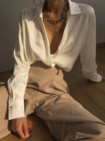 DAZY Women's V-Neck Solid Color Long Sleeve Casual Minimalist Shirt, Everyday Wear