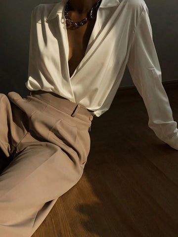 DAZY Women's V-Neck Solid Color Long Sleeve Casual Minimalist Shirt, Everyday Wear