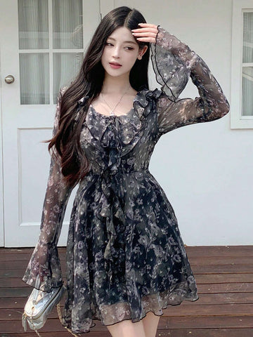 DAZY Women's Vacation Chiffon Floral Printed Long Sleeve Dress With Front Tie