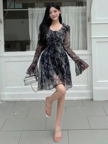 DAZY Women's Vacation Chiffon Floral Printed Long Sleeve Dress With Front Tie