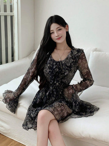 DAZY Women's Vacation Chiffon Floral Printed Long Sleeve Dress With Front Tie
