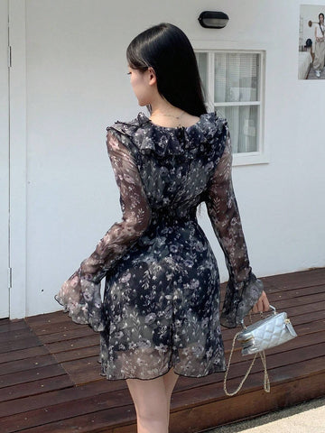 DAZY Women's Vacation Chiffon Floral Printed Long Sleeve Dress With Front Tie