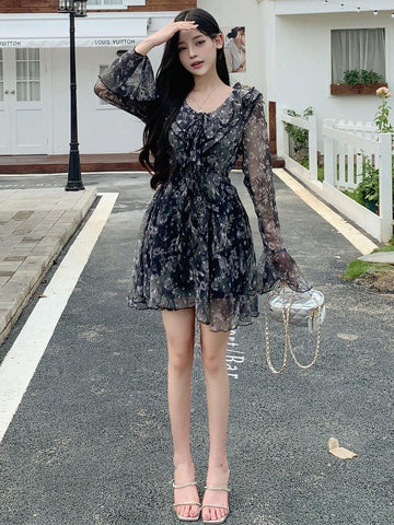 DAZY Women's Vacation Chiffon Floral Printed Long Sleeve Dress With Front Tie