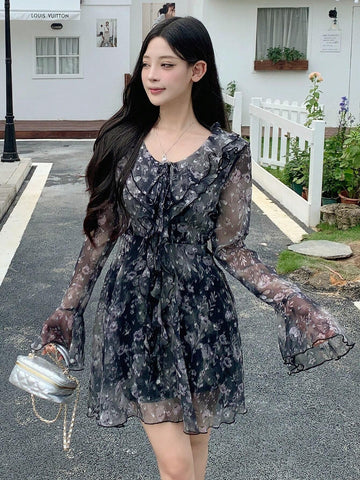 DAZY Women's Vacation Chiffon Floral Printed Long Sleeve Dress With Front Tie