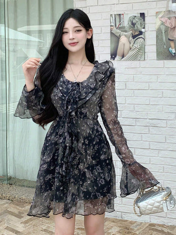 DAZY Women's Vacation Chiffon Floral Printed Long Sleeve Dress With Front Tie