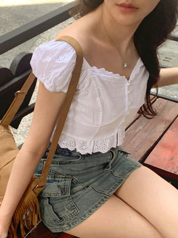 DAZY Women's White Short Sleeve Cut-Off Casual Blouse, Summer Girlish Style