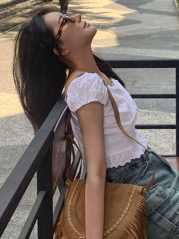 DAZY Women's White Short Sleeve Cut-Off Casual Blouse, Summer Girlish Style