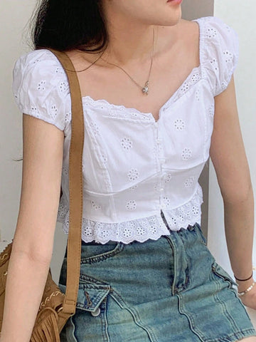 DAZY Women's White Short Sleeve Cut-Off Casual Blouse, Summer Girlish Style