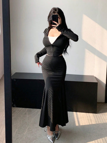 DAZY Women's Zipper Front Long Sleeve Hoodie And Mermaid Hem Midi Skirt Two Piece Set