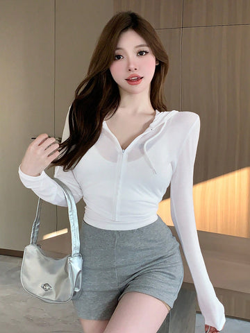 DAZY Women's Zipper Placket Hooded Long Sleeve T-Shirt