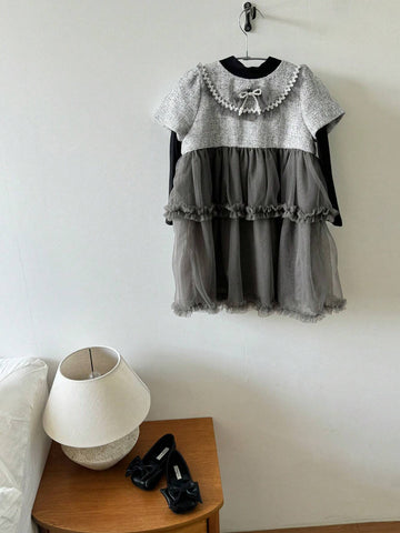 DAZY Young Girl Bowknot Decor Long Sleeve Mesh Hem 2 In 1 Cute Dress, Spring Autumn