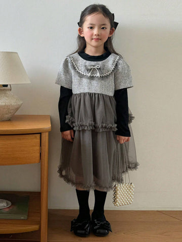DAZY Young Girl Bowknot Decor Long Sleeve Mesh Hem 2 In 1 Cute Dress, Spring Autumn