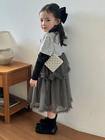DAZY Young Girl Bowknot Decor Long Sleeve Mesh Hem 2 In 1 Cute Dress, Spring Autumn