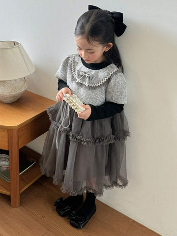 DAZY Young Girl Bowknot Decor Long Sleeve Mesh Hem 2 In 1 Cute Dress, Spring Autumn