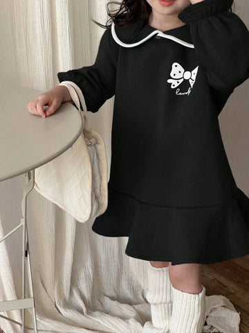 DAZY Young Girl Butterfly Decor Fleece Lined Dress For Fall