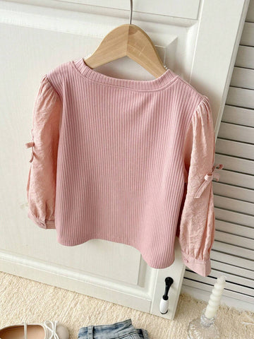 DAZY Young Girl Casual Bow Sleeve Ribbed Loose 2-In-1 Shirt, Spring/Autumn