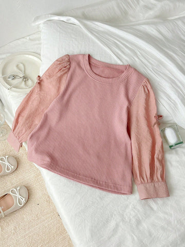 DAZY Young Girl Casual Bow Sleeve Ribbed Loose 2-In-1 Shirt, Spring/Autumn