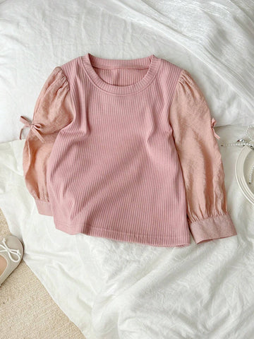 DAZY Young Girl Casual Bow Sleeve Ribbed Loose 2-In-1 Shirt, Spring/Autumn