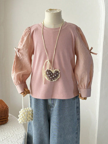 DAZY Young Girl Casual Bow Sleeve Ribbed Loose 2-In-1 Shirt, Spring/Autumn