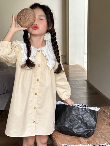 DAZY Young Girl Casual Contrast Color Peter Pan Collar Dress, Autumn