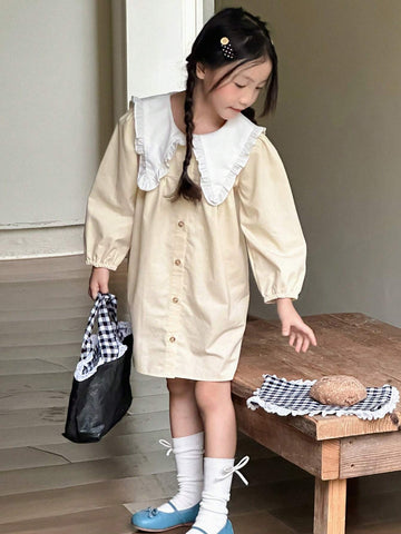 DAZY Young Girl Casual Contrast Color Peter Pan Collar Dress, Autumn